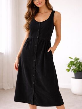 Eddie Bauer Black Corduroy Midi Dress Button Front Sleeveless Y2K Cotton Large